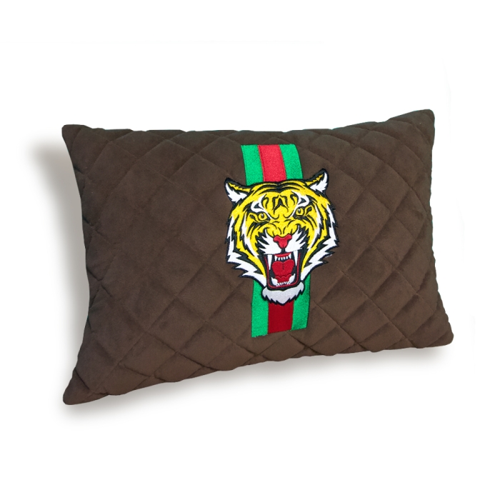 Подушки из алькантары Подушка из алькантары с вышивкой Gucci tiger (Темно-коричневая)